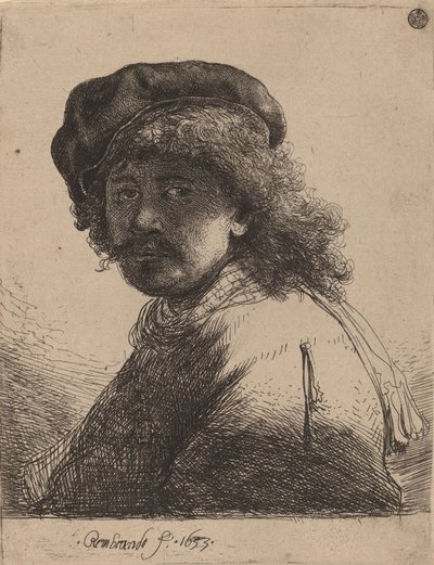 戴着帽子和围巾的自画像，脸色暗淡，1633年。 作者 伦勃朗·范·赖恩