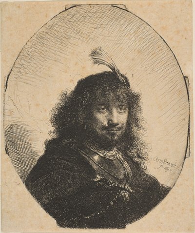 自画像，垂坠军帽，低剑，1634年。 作者 伦勃朗·范·赖恩