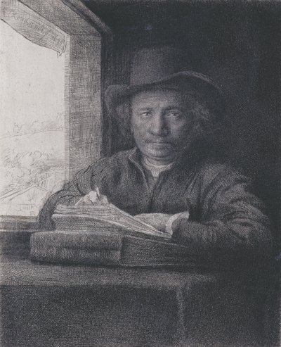 自画像，窗户蚀刻，1648（在纸上蚀刻和雕刻） 作者 伦勃朗·范·赖恩