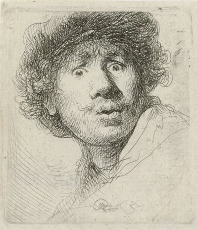 贝雷帽和睁大眼睛的自画像，1630年 作者 伦勃朗·范·赖恩