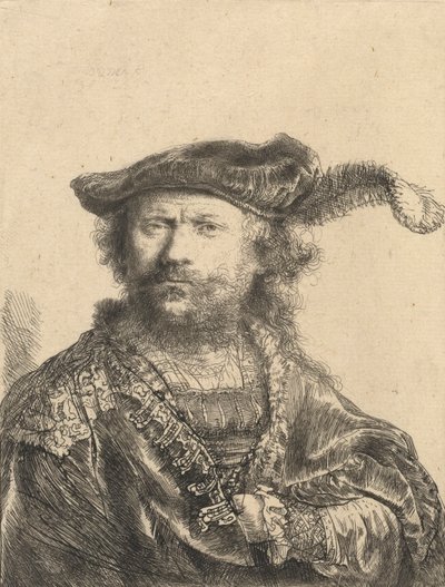 羽毛天鹅绒帽的自画像，1638年 作者 伦勃朗·范·赖恩