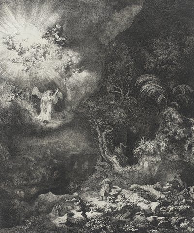 天使出现在牧羊人身上，1634年 作者 伦勃朗·范·赖恩