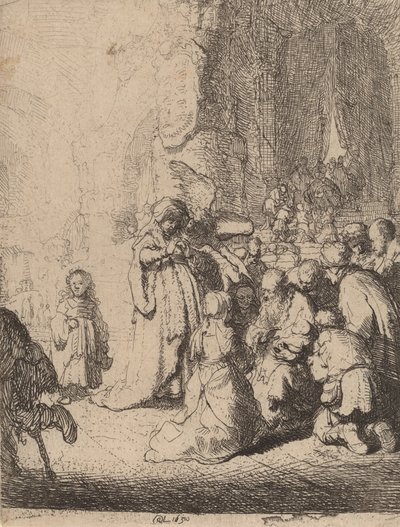 圣殿中与天使的献礼：小板，1630年。 作者 伦勃朗·范·赖恩