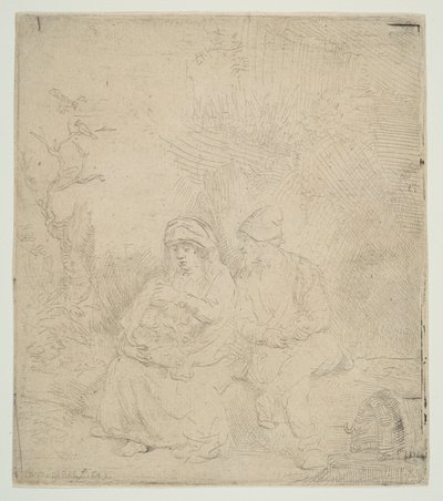 逃往埃及时的休息，轻度蚀刻，1645年。 作者 伦勃朗·范·赖恩