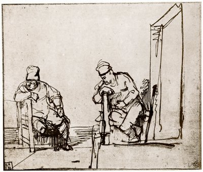 两名男子坐在门口，1913年。 作者 伦勃朗·范·赖恩