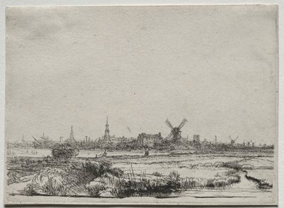 从西北看阿姆斯特丹的风景，c。 1640。 作者 伦勃朗·范·赖恩