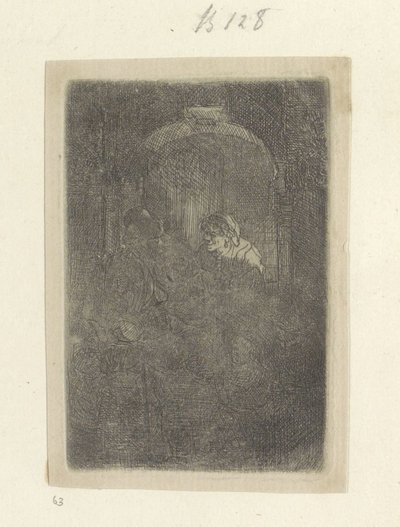女人在门口与带着孩子的男人交谈
Recueil de quatre-vingt-cinq estampes originales（系列标题） 作者 伦勃朗·范·赖恩