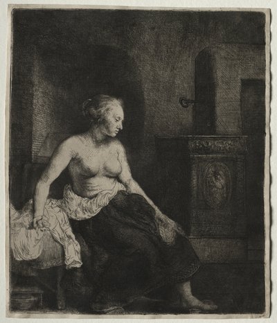 1658年，女人坐在炉子旁边穿了一半。 作者 伦勃朗·范·赖恩