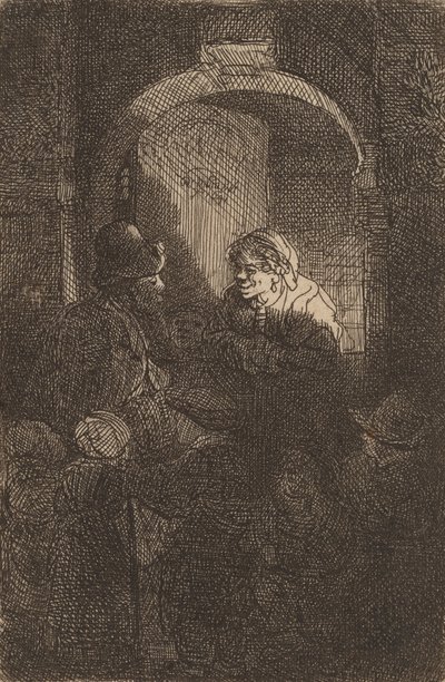 门口的女人与男人和孩子交谈 校长，1641年。 作者 伦勃朗·范·赖恩