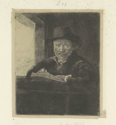 自画像，在窗前作画
Recueil de quatre-vingt-cinq estampes originales（系列标题） 作者 伦勃朗·范·赖恩