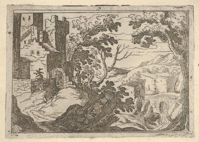 左面有建筑物，右下有一座桥，大约有景观。 1620-50。 作者 Remigio Cantagallina
