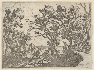 与陆上的渔夫和男性围观者在树下，一个船头的人下的风景...，ca。 1620-50。 作者 雷米吉奥·坎塔加琳娜（Remigio Cantagallina）