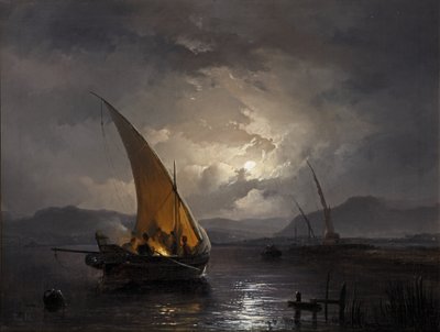 1860年后，一艘带帆船的夜景被点着火（布面油画） 作者 雷米格斯·范·哈嫩（Remigius van Haanen）