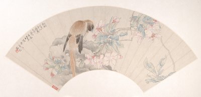 花枝旁岩石上的鸟，日期为1879年。 作者 任勋