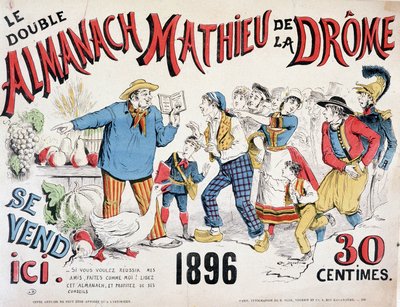 Almanach Mathieu de la Drôme 1896年的广告海报（一个农民向冲向书的人群提供作物建议），30分。 作者 雷纳德·朱尔斯·德兰纳