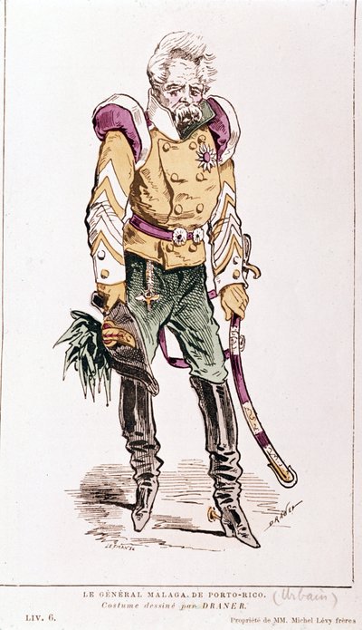 雅克-奥芬巴赫：《巴黎生活》。波多黎各的马拉加将军，Draner的服装。1866. 作者 Renard Jules Draner