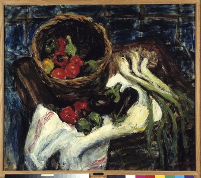 菜篮子辣椒、茄子和韭葱的静物（布面油画） 作者 雷内·奥古斯特·赛索