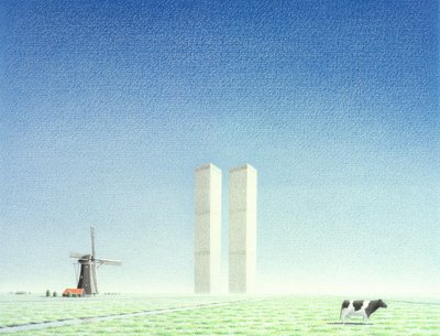 双子塔，2001 年，纸上彩色铅笔画 作者 勒内·博安