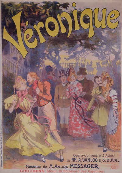 海报广告Veronique是一部由A. Vanloo和G. Duval撰写的喜剧歌曲和1898年Andre Messager的音乐 作者 Rene Pean