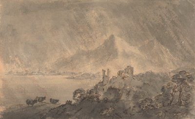 湖上的城堡与风雨如磐的天空下的远山 作者 Rev. William Gilpin