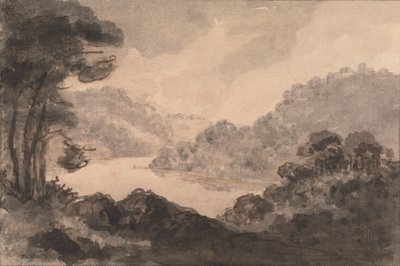 山地景观，前景有河流、树木和树叶 作者 威廉·吉尔平牧师