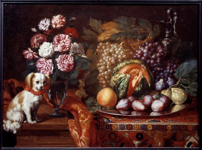 有矮猎犬的静物。Renaud Levieux dit Reynaud Le Vieux（约 1625-1690 年）的画作 作者 雷诺·勒维约