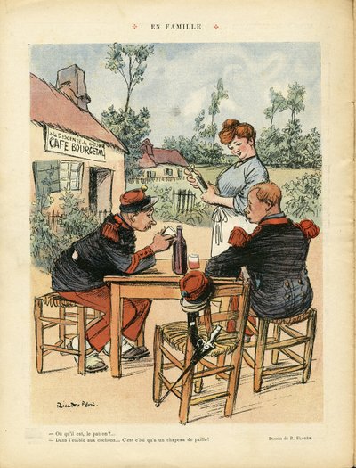 Illustration of Ricardo Flores (1878-1918) in Le Lire, 08/08/08 - Family - Armee, Restaurant Cafes, Wine, Alcohol Alcoholic - Coffee Boy, Waitresses Waitresses, Soldiers 作者 里卡多·弗洛雷斯（Ricardo Flores）