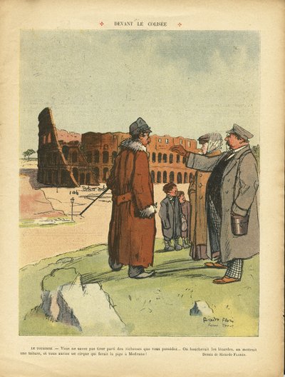 Ricardo Flores (1878-1918) 在 Le Rire 的插图，03/04/09 - 在 Colisee 前 - 意大利，Tourism Tourists, Colisee 作者 里卡多·弗洛雷斯（Ricardo Flores）