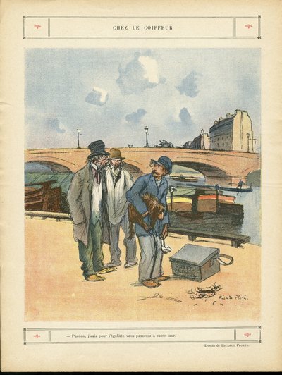 Ricardo Flores (1878-1918)在Le Rire, 05/10/12的插图 - Chez le coiffeur - 巴黎, Metiers, Architecture Urbanisme, Pont, Riviere Fleuve - 狗, 美发师 作者 里卡多·弗洛雷斯（Ricardo Flores）