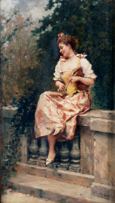 吹长笛的女孩，约 1895 年（木板油画） 作者 里卡多·德·马达拉佐·加雷塔