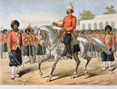 阅兵式上的第七孟加拉步兵，19世纪80年代的英印军队（彩色平版印刷）。 作者 理查德（后）辛金