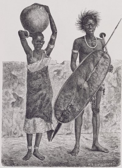 由Jahrmargt雕刻的Shillook战士和女孩，来自&39;人类的历史&39;，第三卷，由Friedrich Ratzel教授，1898年 作者 理查德·布赫塔（Richard Buchta）