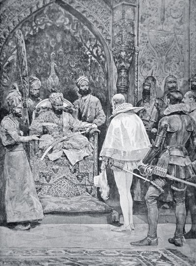 阿克巴大帝于 1599 年接见伊丽莎白女王的大使（石版画） 作者 理查德·卡顿（之后）伍德维尔