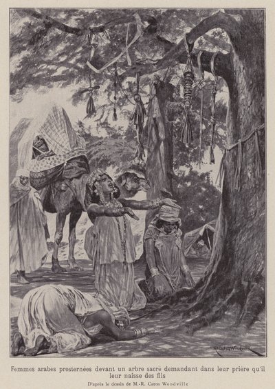 阿拉伯妇女在圣树前跪拜，祈求他们能得到孩子（石版画） 作者 理查德·卡顿二世（之后）伍德维尔