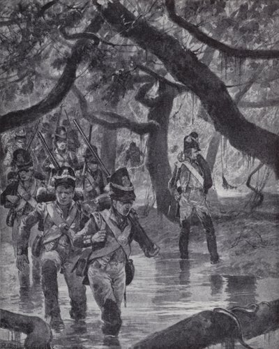 英国士兵穿越英属圭亚那埃塞奎博河的沼泽地 作者 理查德·卡顿二世（之后）伍德维尔