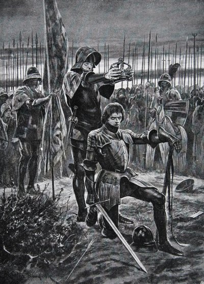亨利七世在博斯沃思加冕，插图来自“国家历史”（石版画） 作者 理查德·卡顿二世（之后）伍德维尔