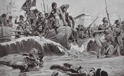 英军在阿布基尔湾面对法军炮台强行登陆（石版画） 作者 理查德·卡顿二世（之后）伍德维尔