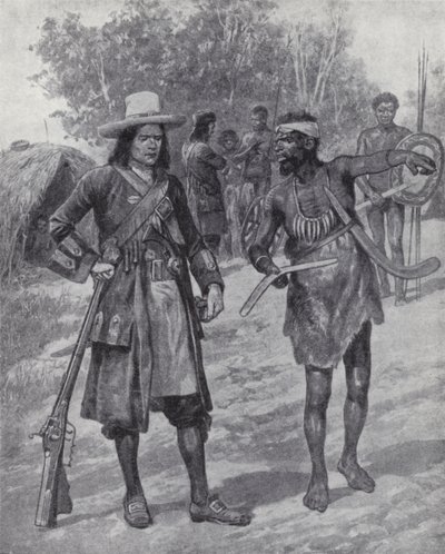 威廉·丹皮尔 (William Dampier) 在探索澳大利亚时与土著人在一起，17 世纪后期（石版画） 作者 理查德·卡顿二世（之后）伍德维尔