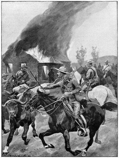 英国殖民军焚烧布尔人的农场。根据 R. Caton Woodville 的画作绘制。1899-1902 年第二次布尔战争。 作者 理查德·卡顿二世·伍德维尔