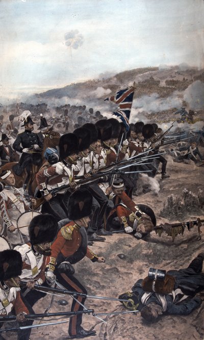 一系列冷流卫兵用固定刺刀向敌人射击，阿尔玛之战，克里米亚战争（1854-56）1896年（彩色照相凹版） 作者 理查德·卡顿·伍德维尔