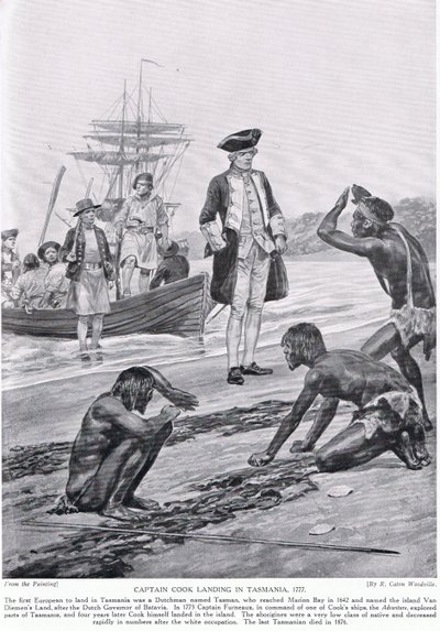 库克船长于1777年登陆塔斯马尼亚，插图来自&39;哈钦森的英国民族故事&39;，c.1923 作者 理查德·卡顿·伍德维尔