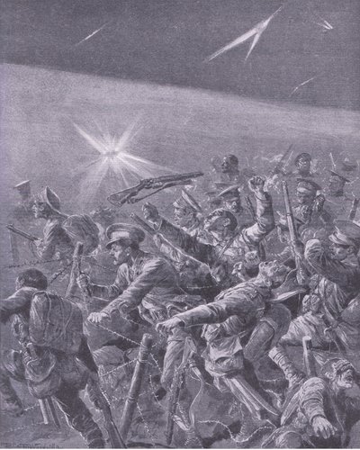 陷入铁丝网纠缠：英国步兵的夜袭，来自Waverley Book Co Limited出版的“战争史”第3卷，c.1920 作者 理查德·卡顿·伍德维尔