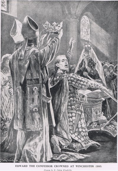 爱德华忏悔者在温彻斯特加冕，1043，来自“哈钦森的英国民族故事”，c.1920 作者 理查德·卡顿·伍德维尔