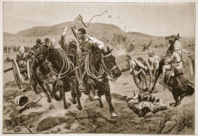 野战炮兵开始行动，插图来自&39;十九世纪的战役，卷。六：1899年至1900年的布尔战争&39;由阿奇博尔德福布斯，GA Henty和主要亚瑟格里菲斯 作者 理查德·卡顿·伍德维尔