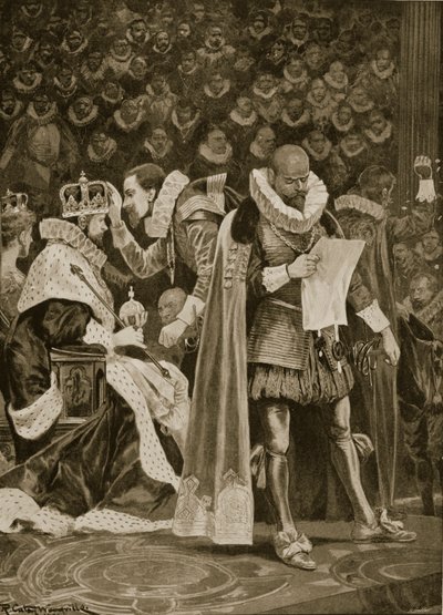 1603年7月25日詹姆斯一世与丹麦安妮加冕的尊敬，拉格斯和普拉尔赦免，来自“伦敦新闻画报”，1902年 作者 理查德·卡顿·伍德维尔