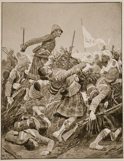 Seaforth Highlanders在Atbara战役中攻击zareba，插图来自“十九世纪战役”Vol。 V：九十年代的竞选活动，由A. Hilliard Atteridge撰写 作者 理查德·卡顿·伍德维尔