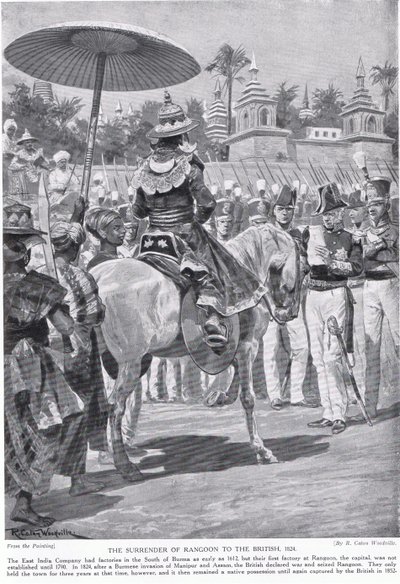 1824年仰光向英国投降，插图来自“哈钦森的英国民族故事”，c.1923 作者 理查德·卡顿·伍德维尔