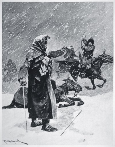 突厥-巴什基尔哥萨克弓箭手在1812年拿破仑军队从俄罗斯撤退时进行骚扰和围追堵截（彩色平印）。 作者 理查德·卡顿·伍德维尔