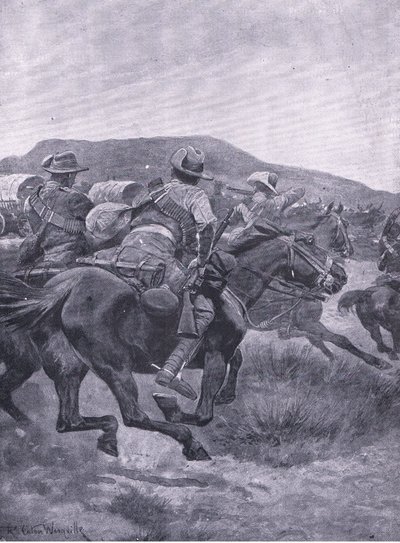 Yeomanry攻击De Wets后卫和运输，来自比勒陀利亚之后：The Guerilla War由Harmsworth Bros Limited出版，1901年 作者 理查德·卡顿·伍德维尔