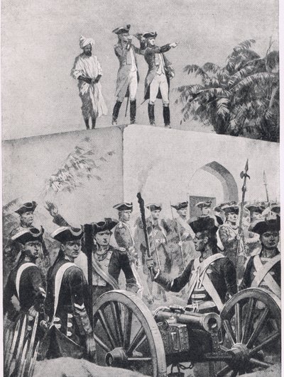 普拉西战役，1757年6月23日：克莱夫在Nawab Surat-ud-Daulas狩猎小屋的屋顶上，1915年英国陆地和海上战役的插图 作者 理查德·卡顿·伍德维尔初级